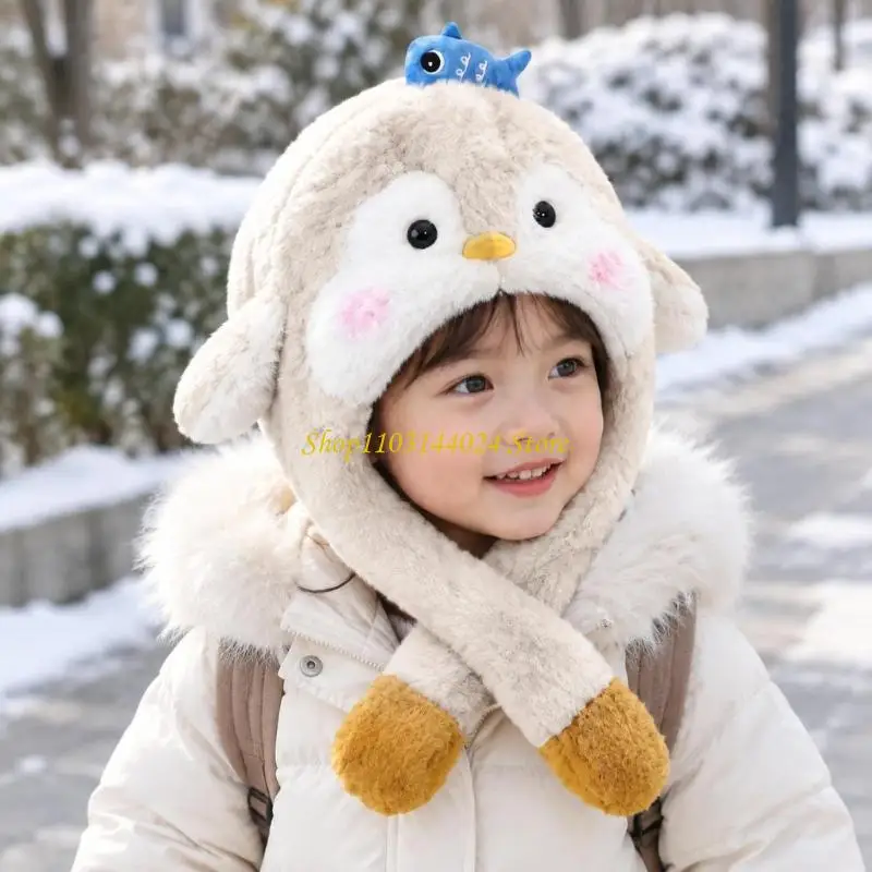 N5KE Plush Animal Hat Scarf for Kids with Pull-On Head and Neck Coverage