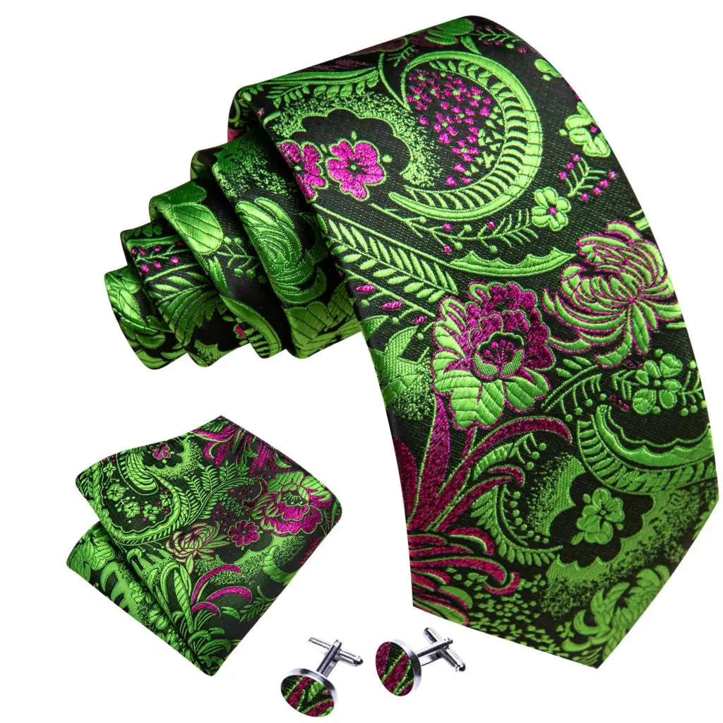 Elegante Multi Floral Seide Herren Krawatte Einstecktuch Manschettenknöpfe Set Jacquard Blume Krawatte Für Männliche Hochzeit Business Party Event Barry.Wang – Detail 14
