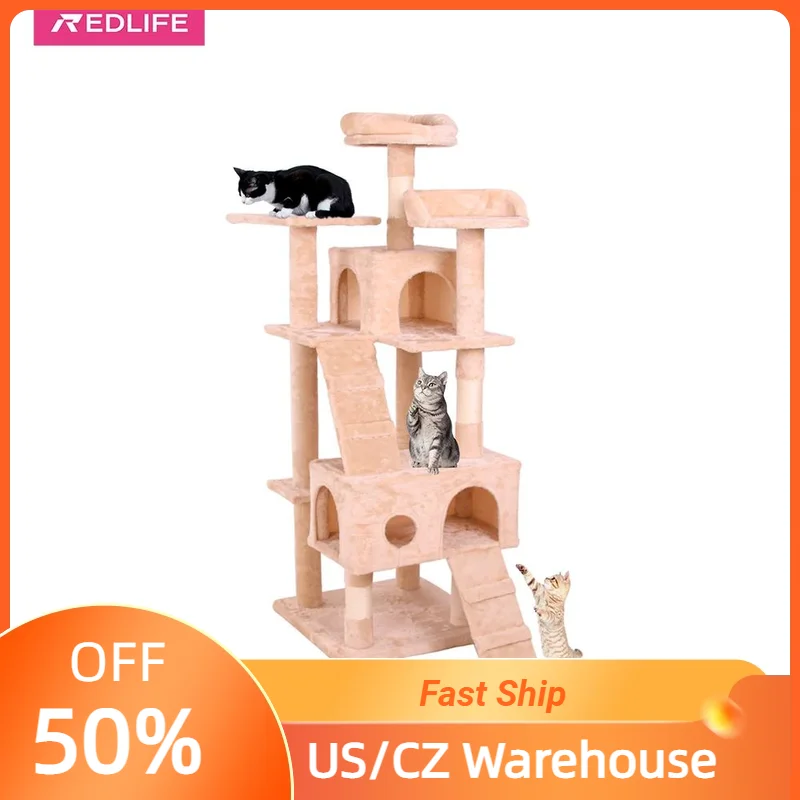 

REDLIFE Multi-Level Cat Tower with Hammock and Scratching Posts for Kittens Tall Cat Climbing Stand with Plush Toys ,light pink