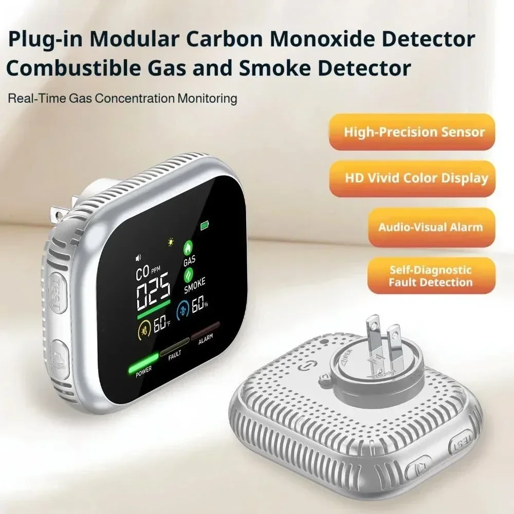 Household 6 in 1 Multi Gas Detector, LCD Display Smoke & Carbon Monoxide Alarm, Direct Plug US Plug for Indoor & Travel