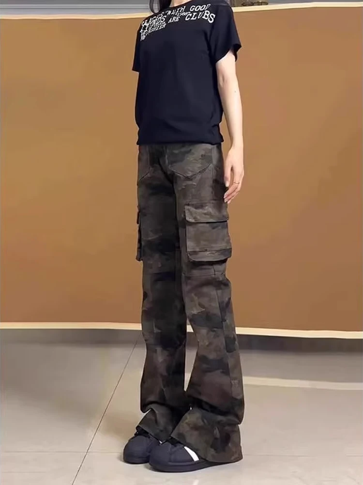

Американские камуфляжные рабочие брюки High Street, мужские облегающие прямые брюки с широкими штанинами и высокой талией, джинсовые джинсы-колокольчики