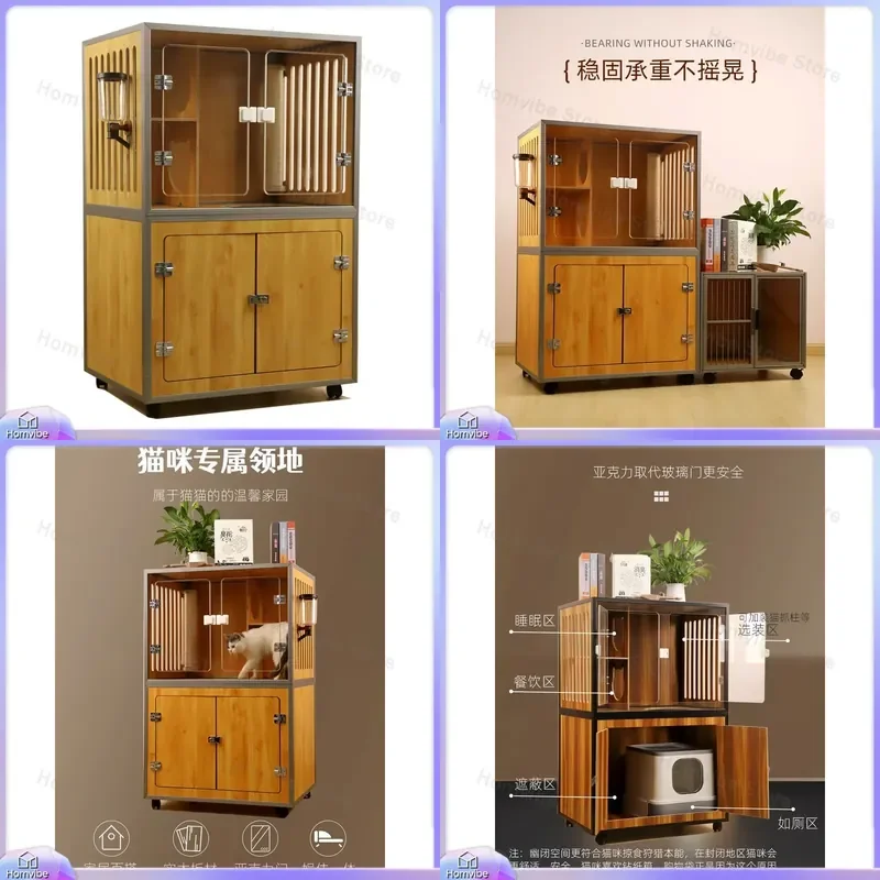 Large Solid Wood Cat House Indoor Transparent Cat Villa Cage Modern Pet Furniture Free Space Cat Nest Cabinet for Home