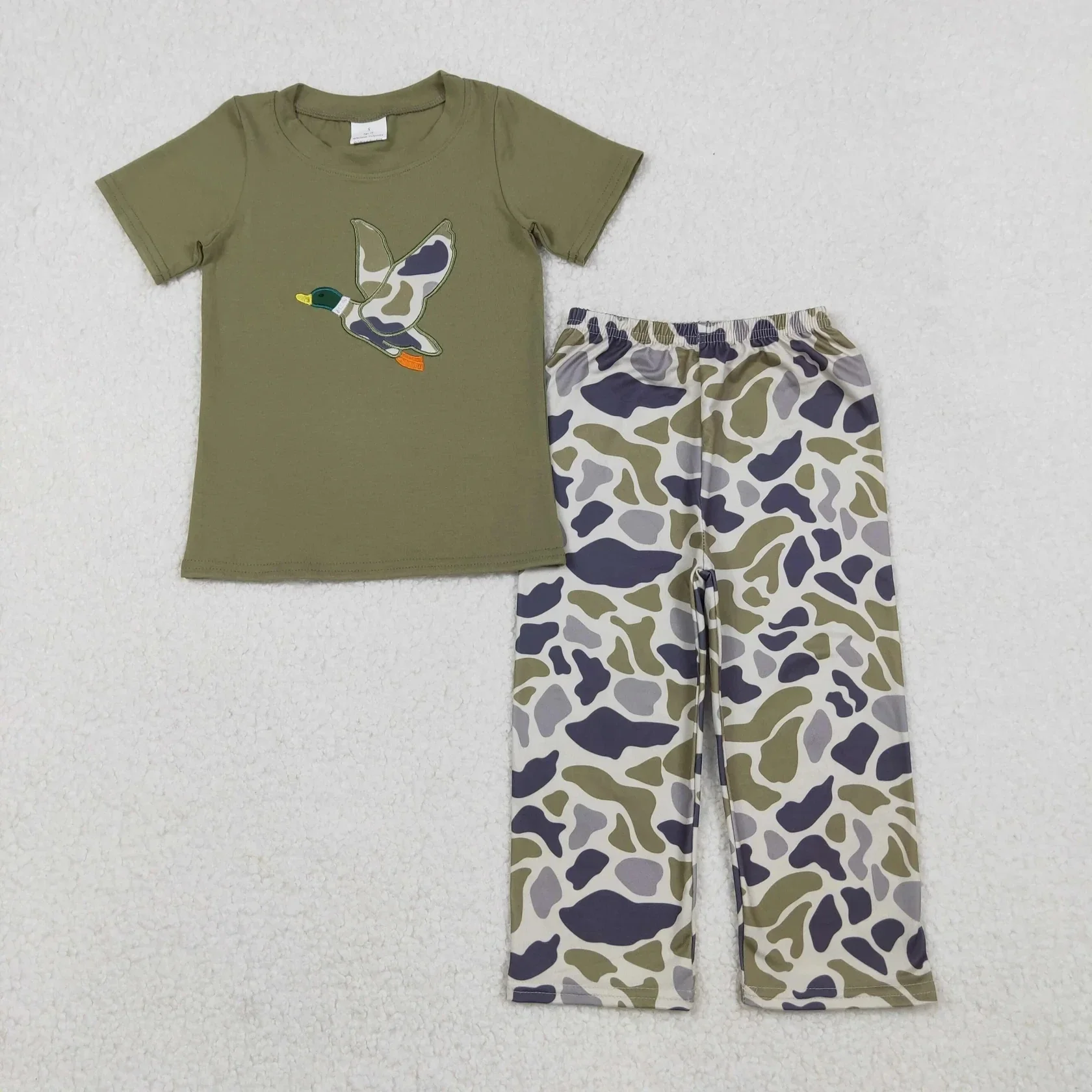 Wholesale Infant Children Set Baby Boy Outfit Toddler Clothes Short Sleeves Cotton Embroidery Duck Tee Shirt Kids Camo Pants