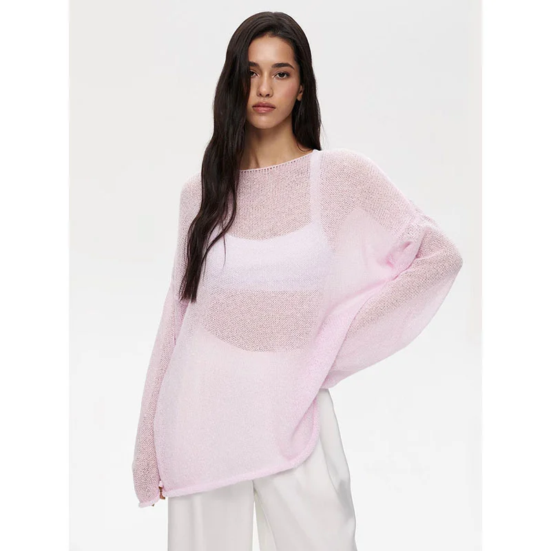 Women'sOpenwork Sweaters Europe America Spring And Summer 2024 New Female Perspective Thin Large Round Neck Comfortable Pullover