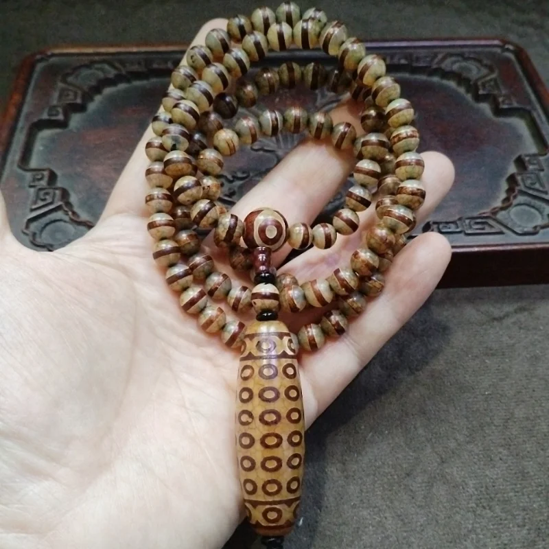 Vintage Banded Agate Prayer Bead Mala Necklace Tibetan Style Multi Eye Dzi Beads Boho Meditation Jewelry