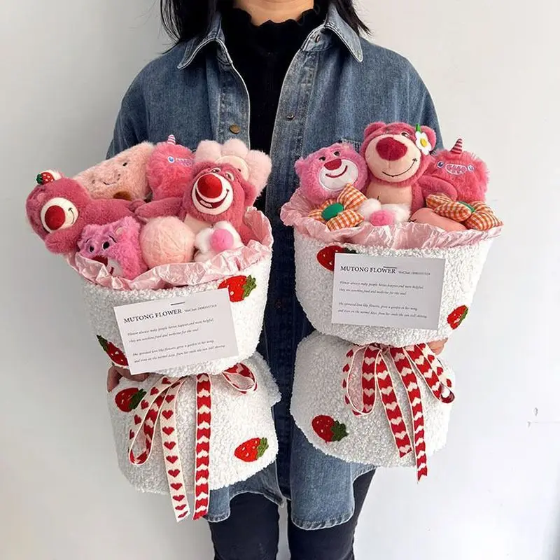 Cute Strawberry Bear Winnie Cartoon Plush Toy Doll Bouquet For Girlfriend And Best Friend's Birthday Gift Valentine's Gift