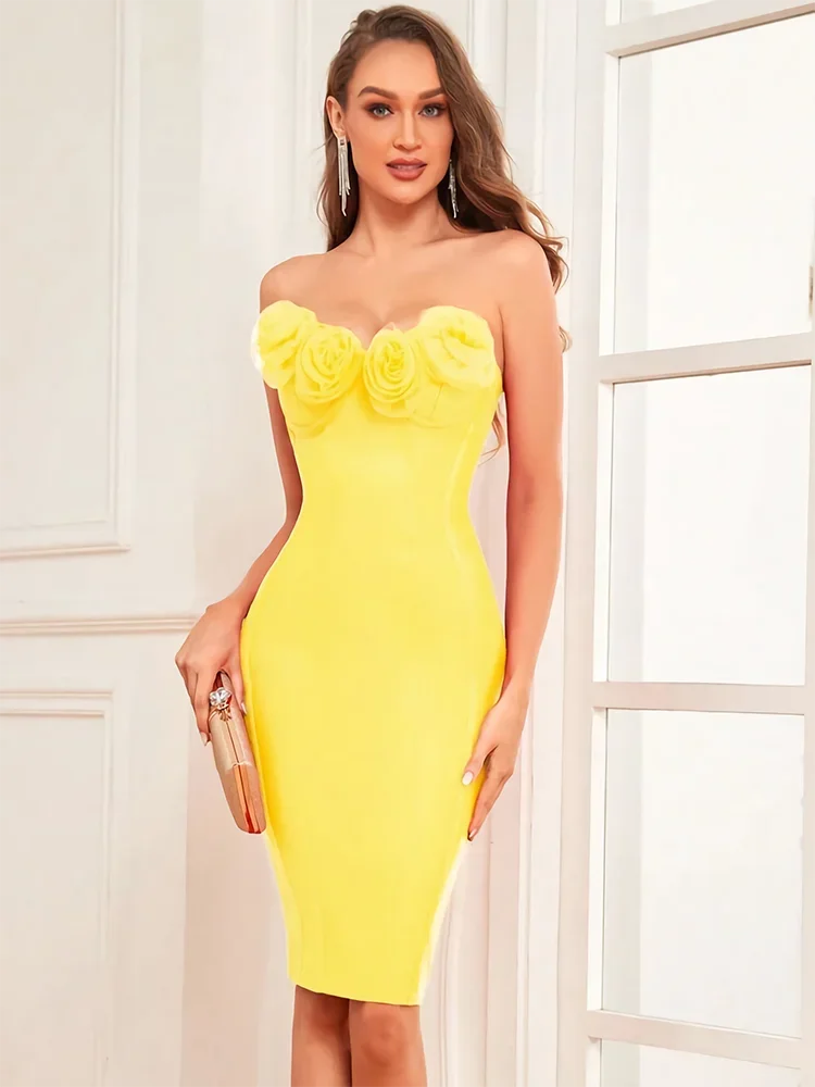 

Yellow Bandage Dress Women 3D Flower Chic Beautiful Female Clothing Strap Sleeveless Party Dresses Summer 2024