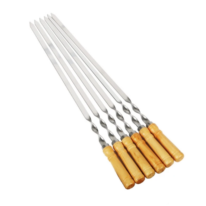 

55CM 21.5" BBQ Skewers Long Handle Shish Kebab Barbecue Grill Stick Wood BBQ Fork Stainless steel Outdoors Grill Needle 6pcs