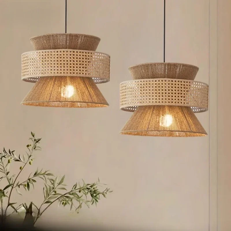 Japanese Style Pendant Light Restaurant Bedroom Homestay Zen Tea Room Hemp Rope Hand Woven Rattan Art Pendant Light