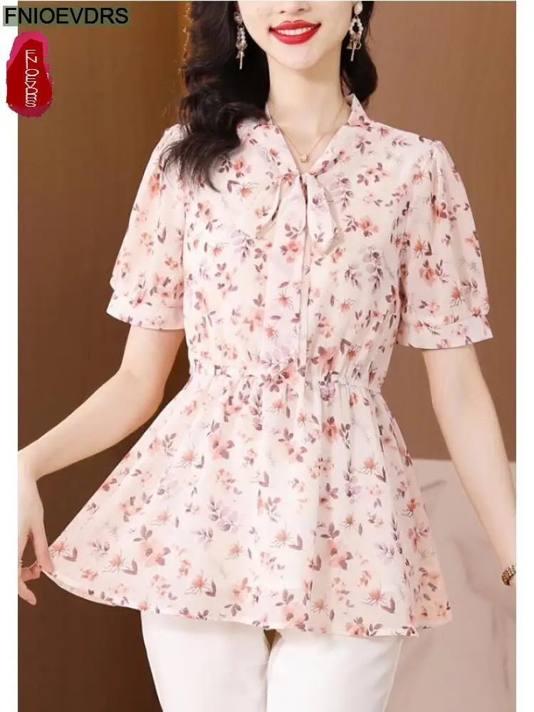 M-4XL 2023 Women Summer European Style Office Lady Drawstring Waist Bow Tie Floral Print Tunic Peplum Tops Blouses