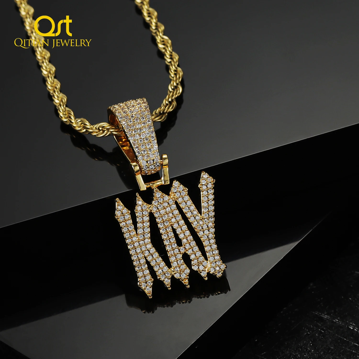 

Qitian Hiphop Letters Chain Necklace Jewelry Pendant With Rope Chain Gold Silver Color Iced Out Full Rhinestone NecklacesJewelry