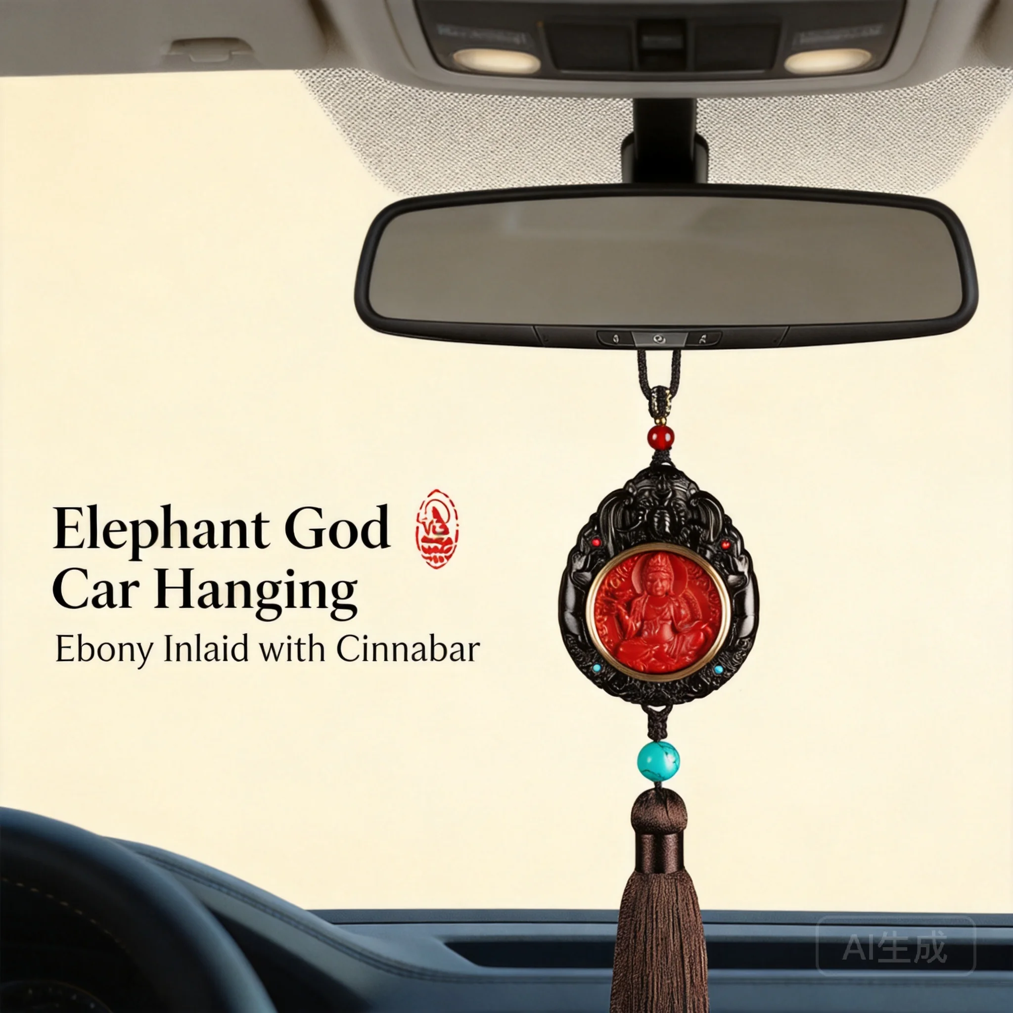 Traditional Chinese Style Ebony Inlaid Cinnabar Patron Saint Car Hanging Ornament Lucky Blessing Safety Wealth Good Fortune Rear
