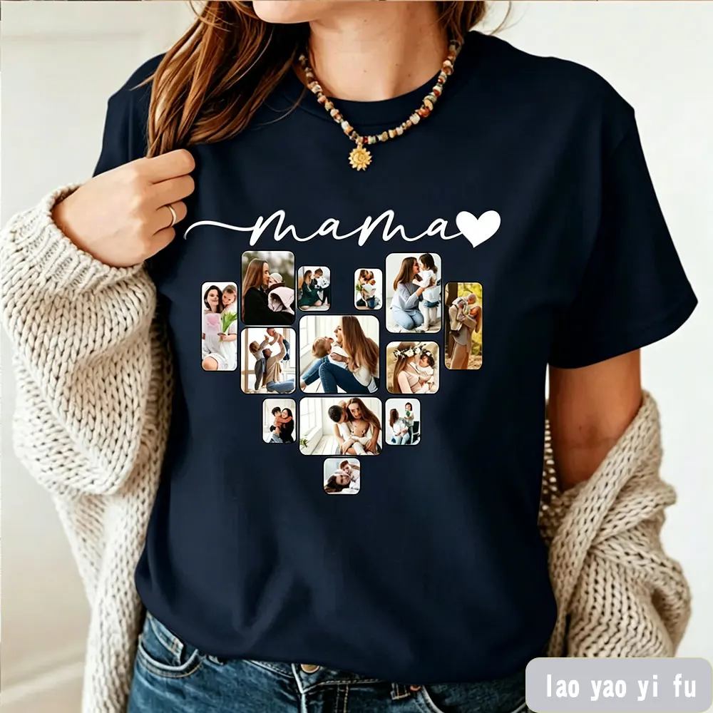Custom Collage Mama T-Shirt, Mothers Day Shirt Gift for Dad for Mom Custom Photo Collage Gift for Grandma Custom Mothers Day Tee