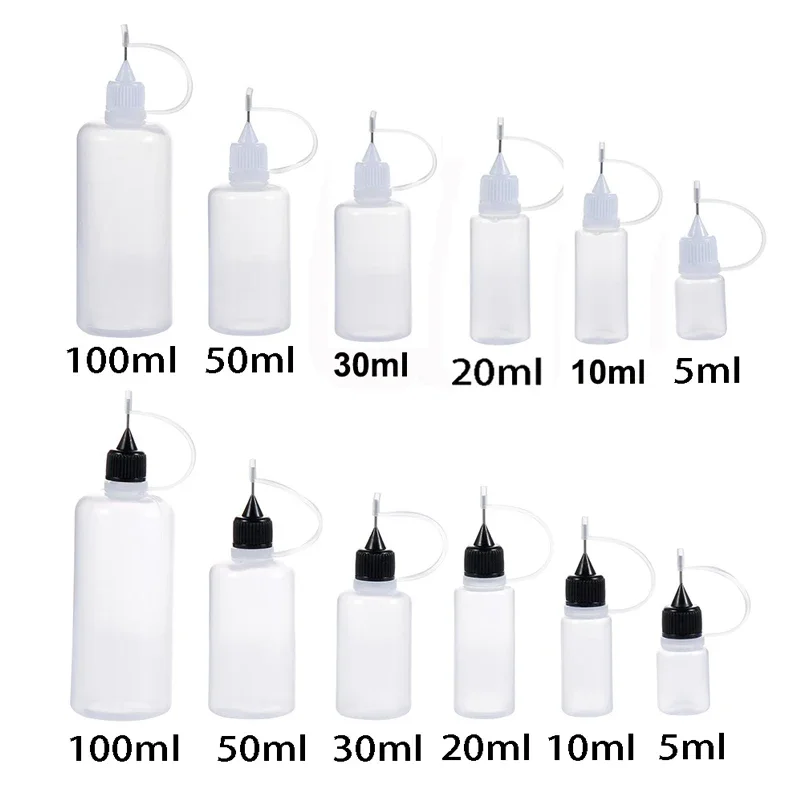 Garrafas plásticas com agulha espremível, 10 peças, 3ml-120ml, conta-gotas de líquido para os olhos, latas de cola, aplicador de tinta, recipientes