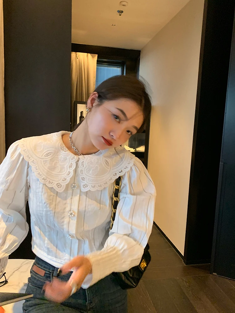 

Белый ort Sve irt Inner Wear Long Sve Striped Design Sense Youth Cotton Blend Busin Lady Топ с принтом на пуговицах