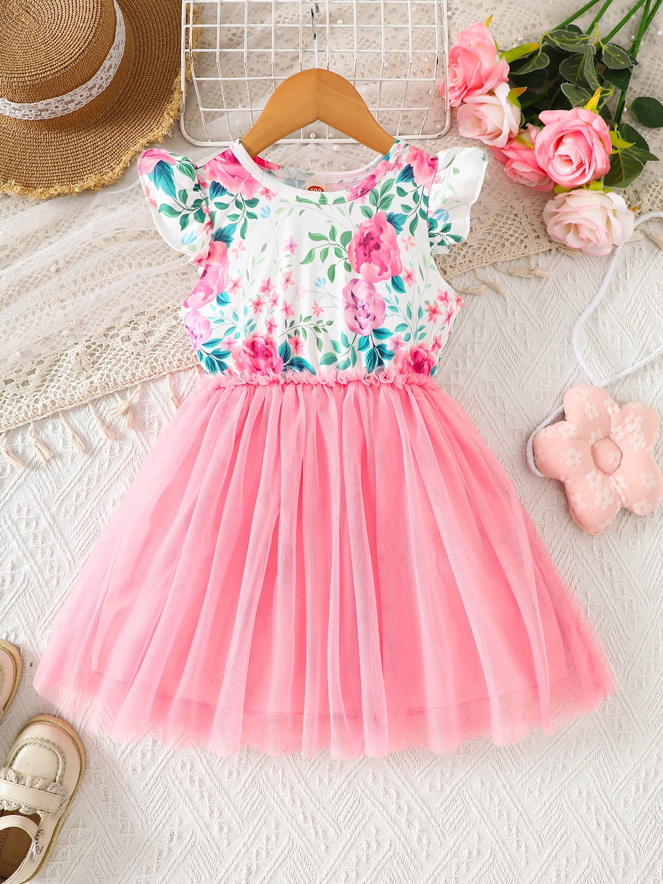 Summer Girl Dress Flowers Designs Lotus Leaf Sleeves Splicing Mesh Princess Dress For Girl 1-6 Years Daily Casual Wear