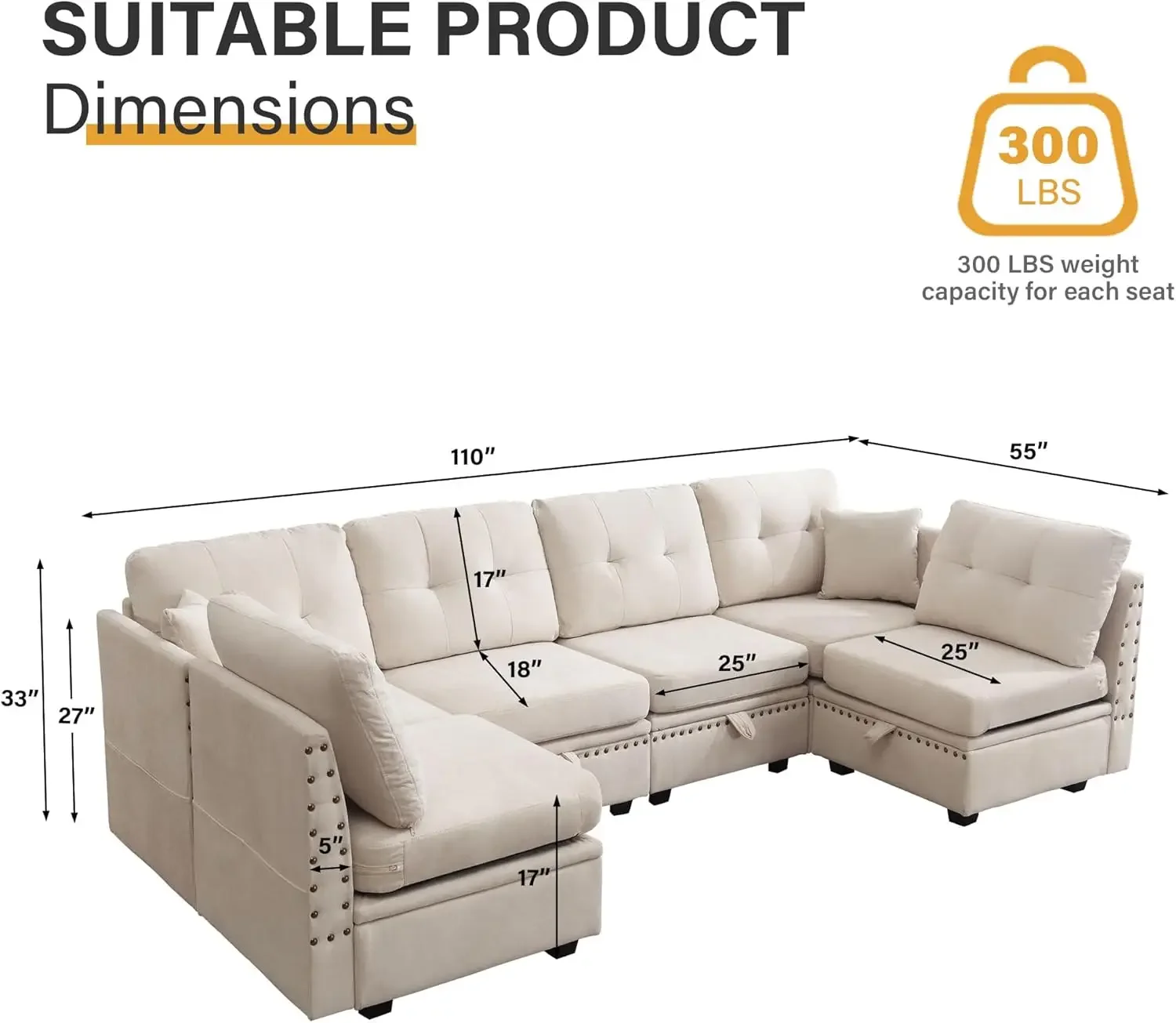 Modular Sectional Sofa, Convertible U Shaped Sofa Couch with Storage, Memory Foam, Vintage Copper Nail Modular Sectionals