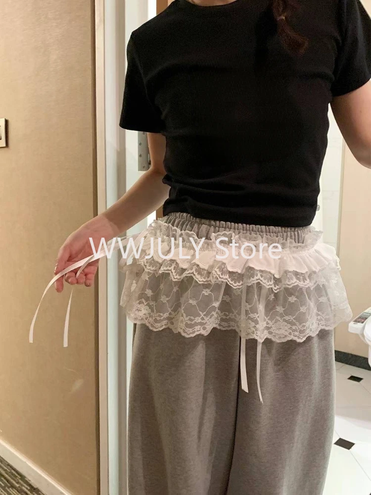 2000s Harajuku Korean Fashion New Heavy Industry Lace Edge Short Curtain Apron Curtain Lace Up Swing Mini Short Skirt for Women