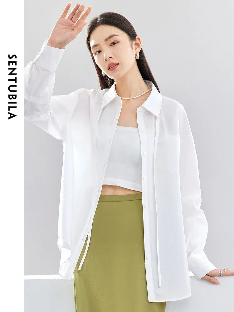 

SENTUBILA Cotton 100% Casual Oversized Shirt Ladies 2025 Spring Fall Tie Lapel Button Up Lantern Sleeve Womens Tops 141C53098
