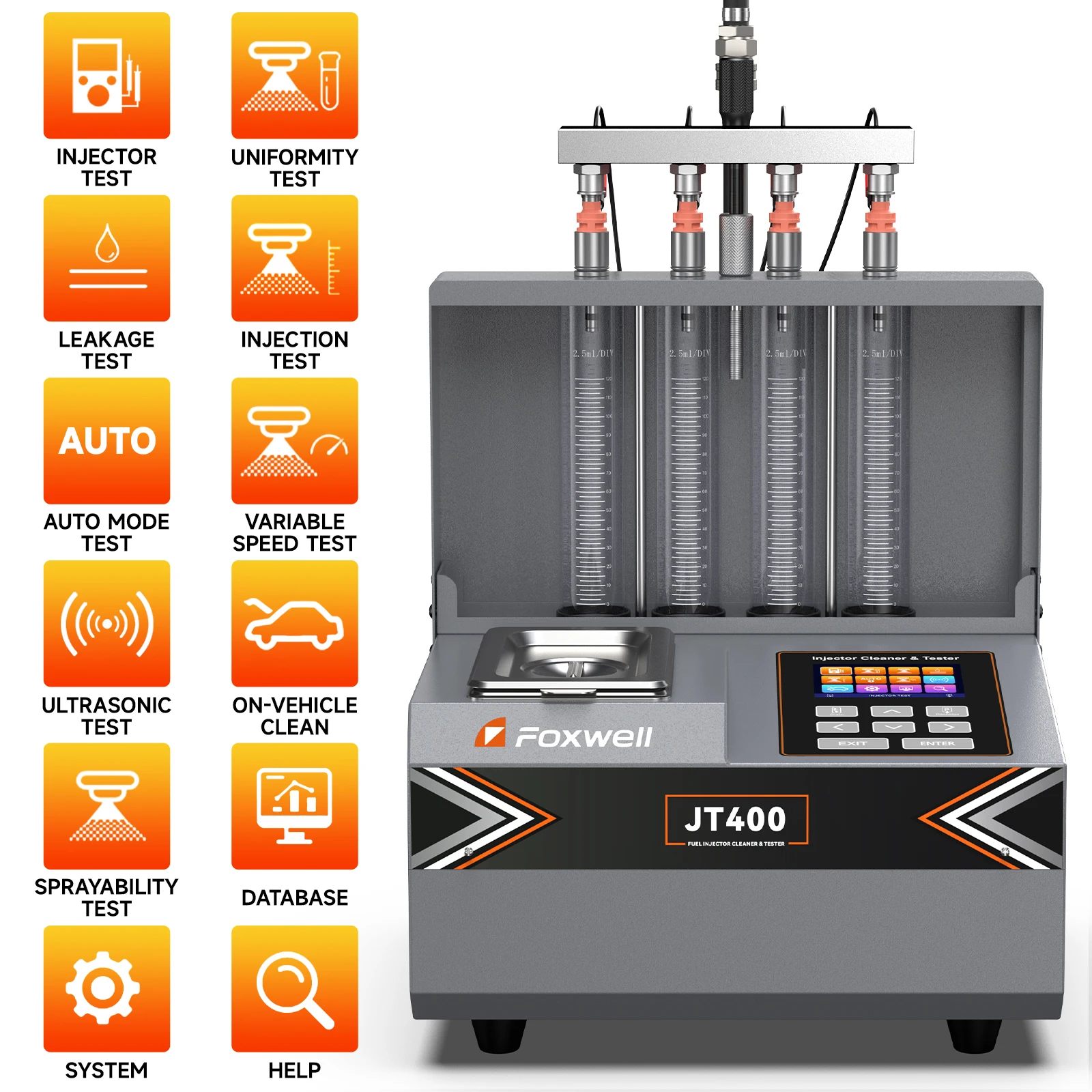 

FOXWELL JT400 4 Cylinder Ultrasonic Fuel Injector Cleaner GDI EFI Injector Cleaning Machine Auto Mode Test Machine