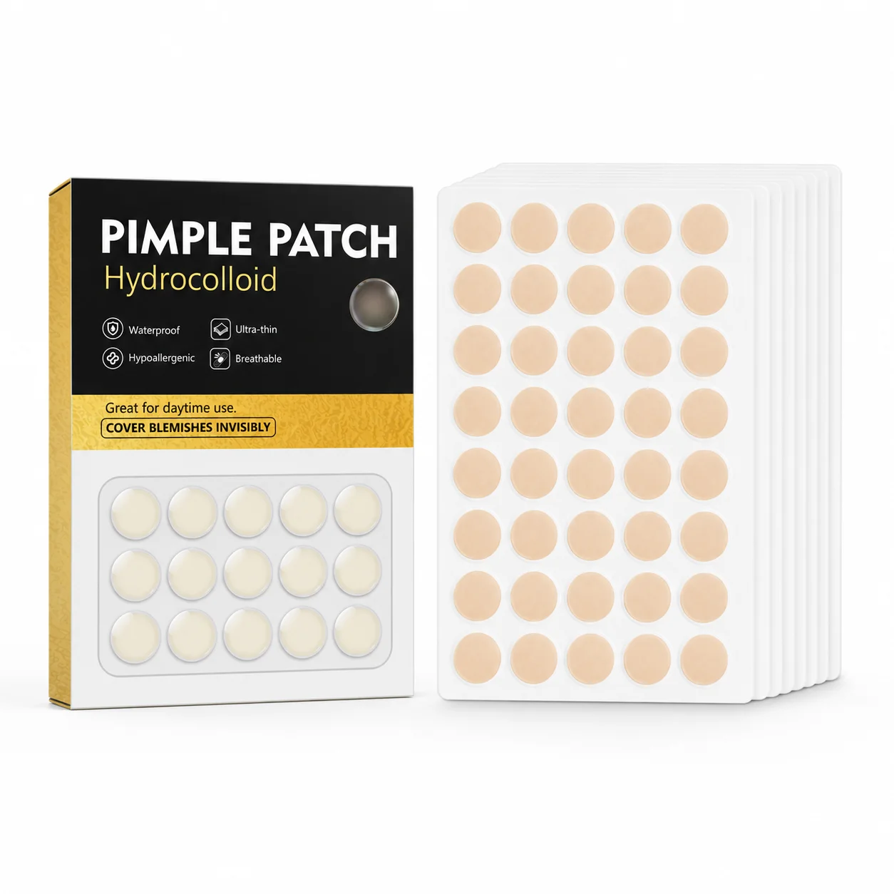 600PCS Hydrocolloid Pimple Patches, 15 Sheets, Skin Tone Ultra-Thin Waterproof Face Stickers for Day & Night Use