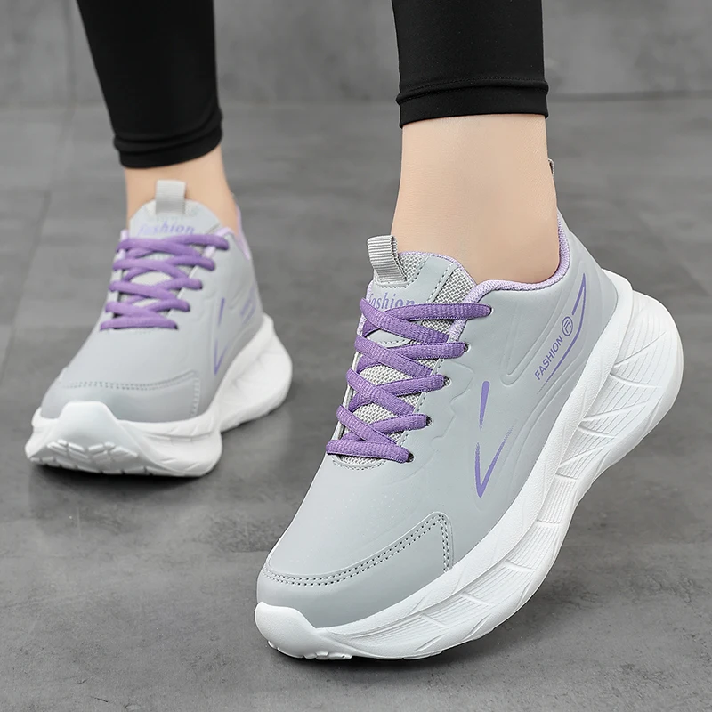 Ladies Fashion PU Leather Sneakers Women Outdoor Walking Shoes Lace Up Comfort Thick Sole Non-slip Casual Sports Footwear