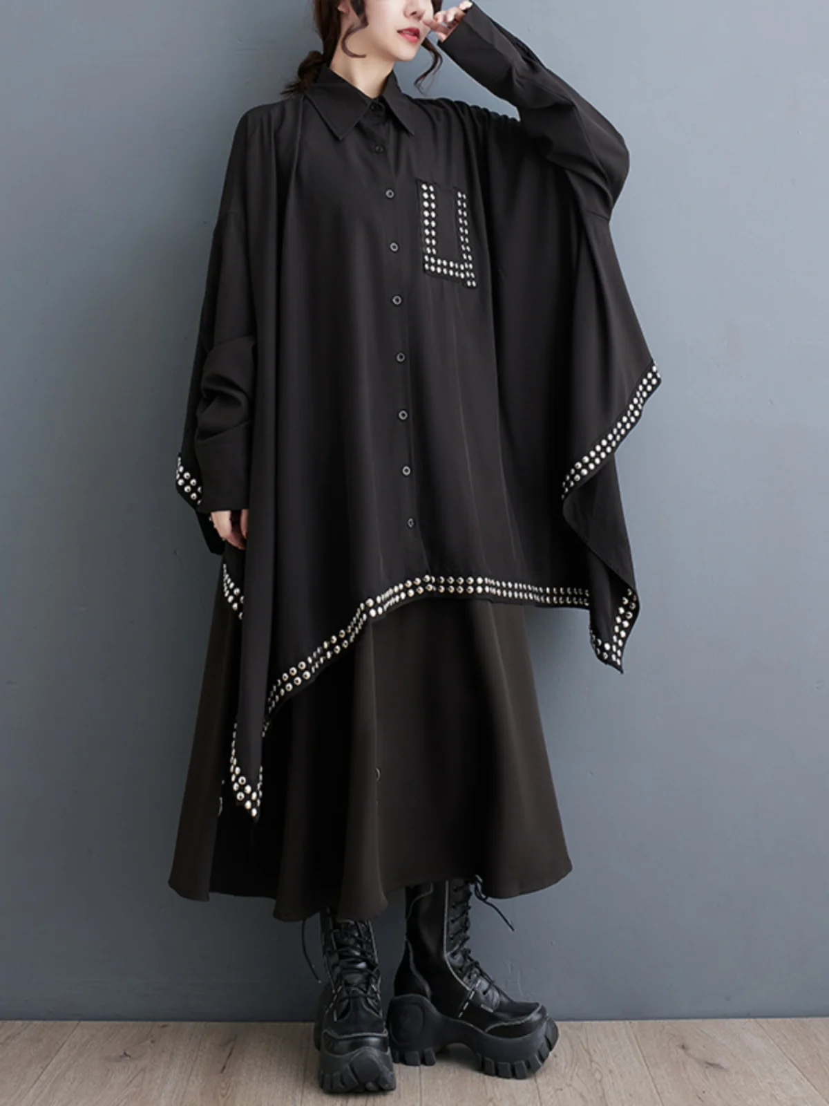 ربيع 2025 تصميم نسائي فضفاض من Faion k بحاشية غير متماثلة مرقع للتخسيس irt Dr Commute Sle Long Sve Midi...