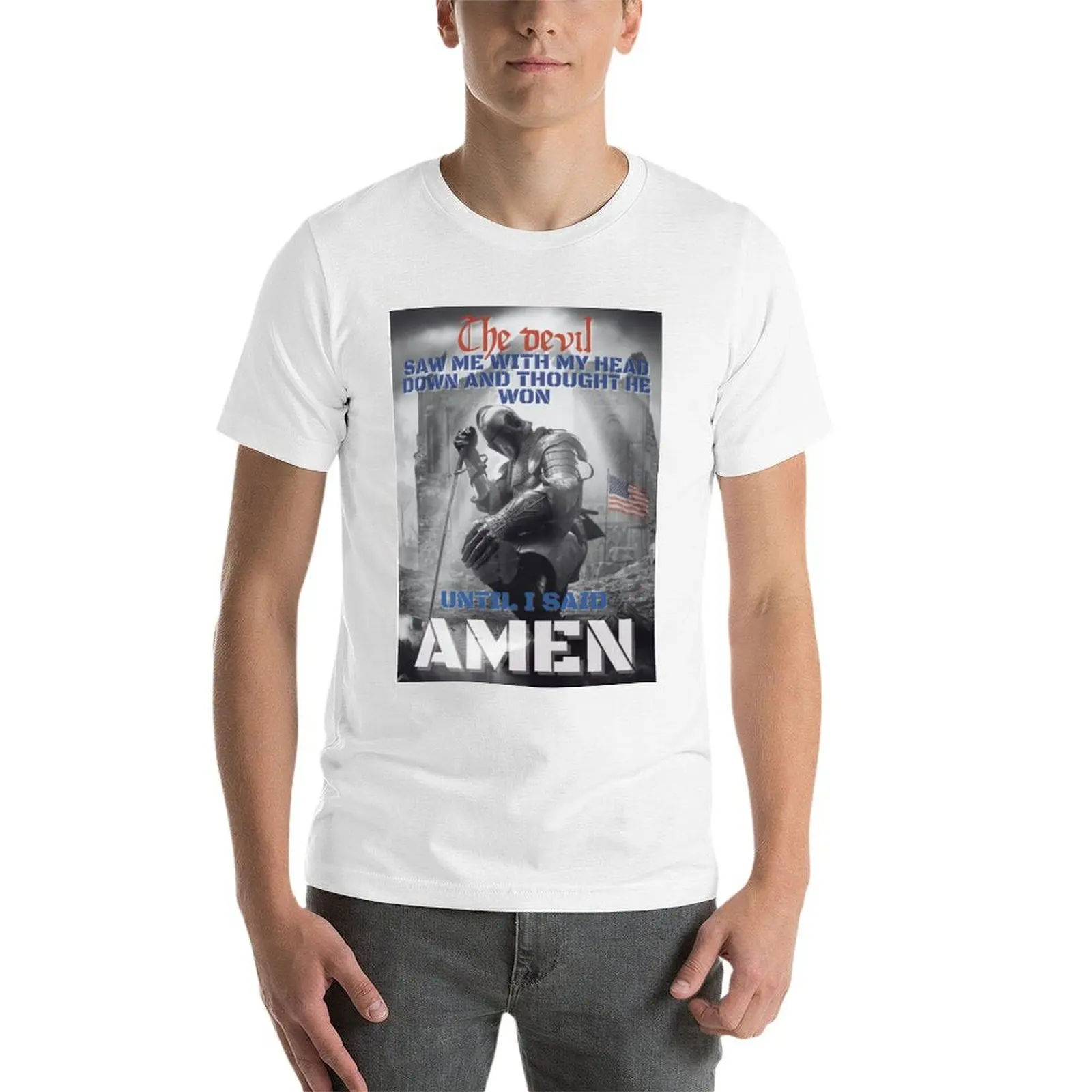 رأي الشيطان مع رأسي أسفل فكر له فوز حتى قلت آمين الصليبية تي شيرت أنيمي تي شيرت للرجل تي شيرت