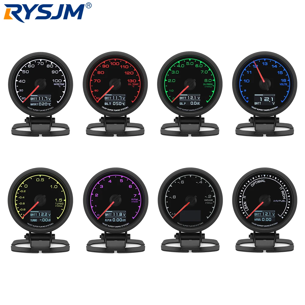 

62mm 7 Colors LCD Car Racing Gauge Turbo Boost Water Temp Volt Oil Press Tachometer Air Fuel Ratio Gauge For 4/6/8 Cylinder Cars
