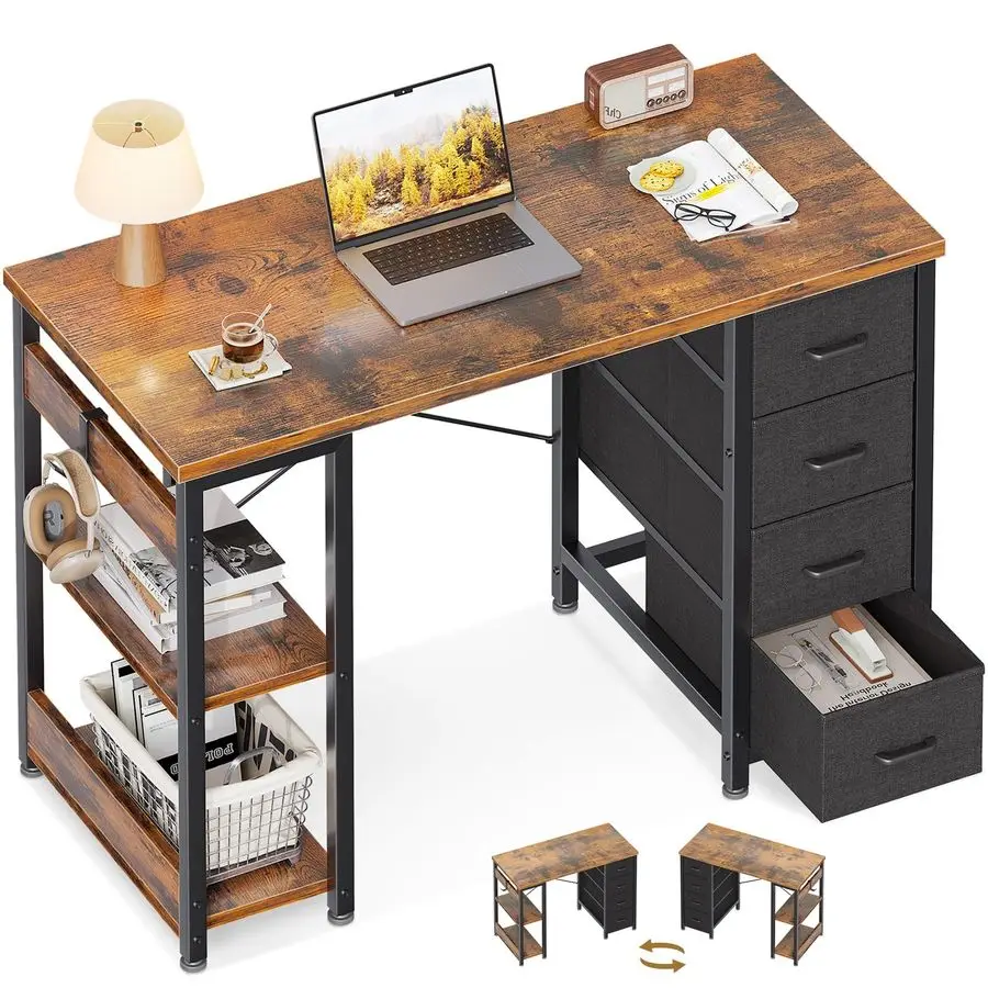 40 Inch Small Computer Desk with 4 Fabric Drawers, Modern Writing PC Desk for Small Spaces, Study amp Home Office Desk with Stor