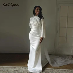 SoDigne Mermaid Wedding Dresses High Neck Full Sleeves Satin Muslim Bridal Dress Women Wedding Gown Robe De Mairee Customized