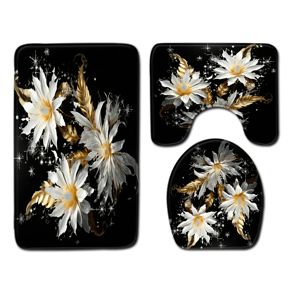 

3pcs Elegant Floral Bathroom Set - Non-Slip, Decorative Bath Mat with Toilet Lid Cover, Black Background with White Flowers and