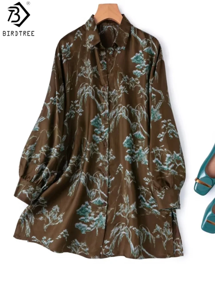 

Birdtree, 100% Real Silk Blouse, Lapel Lantern Sleeve Print Tops, Women's Twill Silk Loose Chic Shirt, 2026 Spring New T63806JF