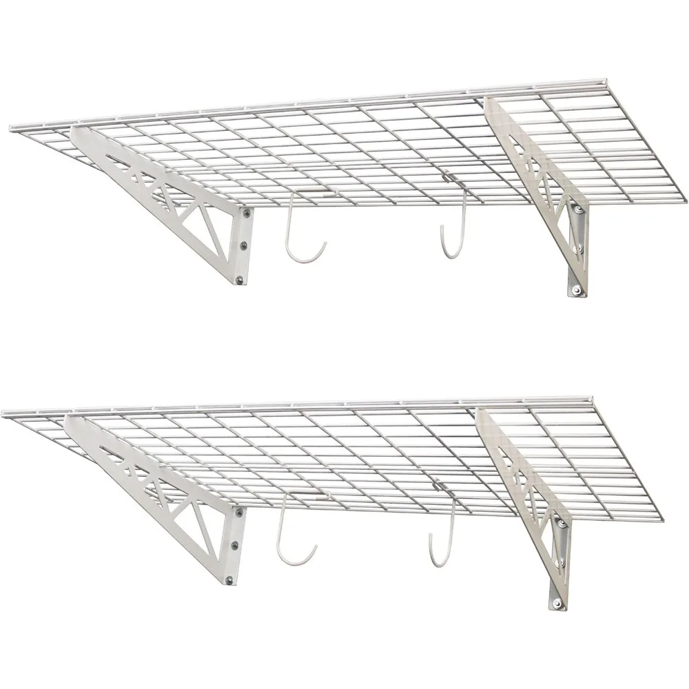 Garage Wall Shelf Two-Pack White or Hammertone | Three Size Options | Includes Bike Hooks | 500lb Weight Capacity