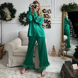 HEZIOWYUN Women's Y2K 2Piece Loungewear PJs Set Button Long Sleeve Lapel Shirt + Feather Cuff Elastic Waist Pants Soft Sleepwear