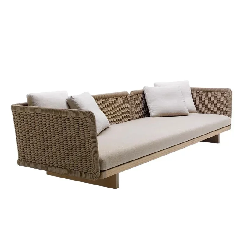 Outdoor sofa preservative wood courtyard rattan solid wood Nordic open-air model room leisure rattan chair