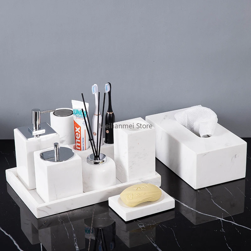 White Natural Marble Set for Bathroom Classic Minimalist Soap Dispenser Toothbrush Holder Tray Bathroom Set bathroom decor