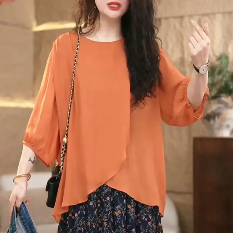 

2025 Thin Loose Versatile Fashionable Three-quarter Sleeve Round Neck Shirt Versatile Solid Color Top for Women