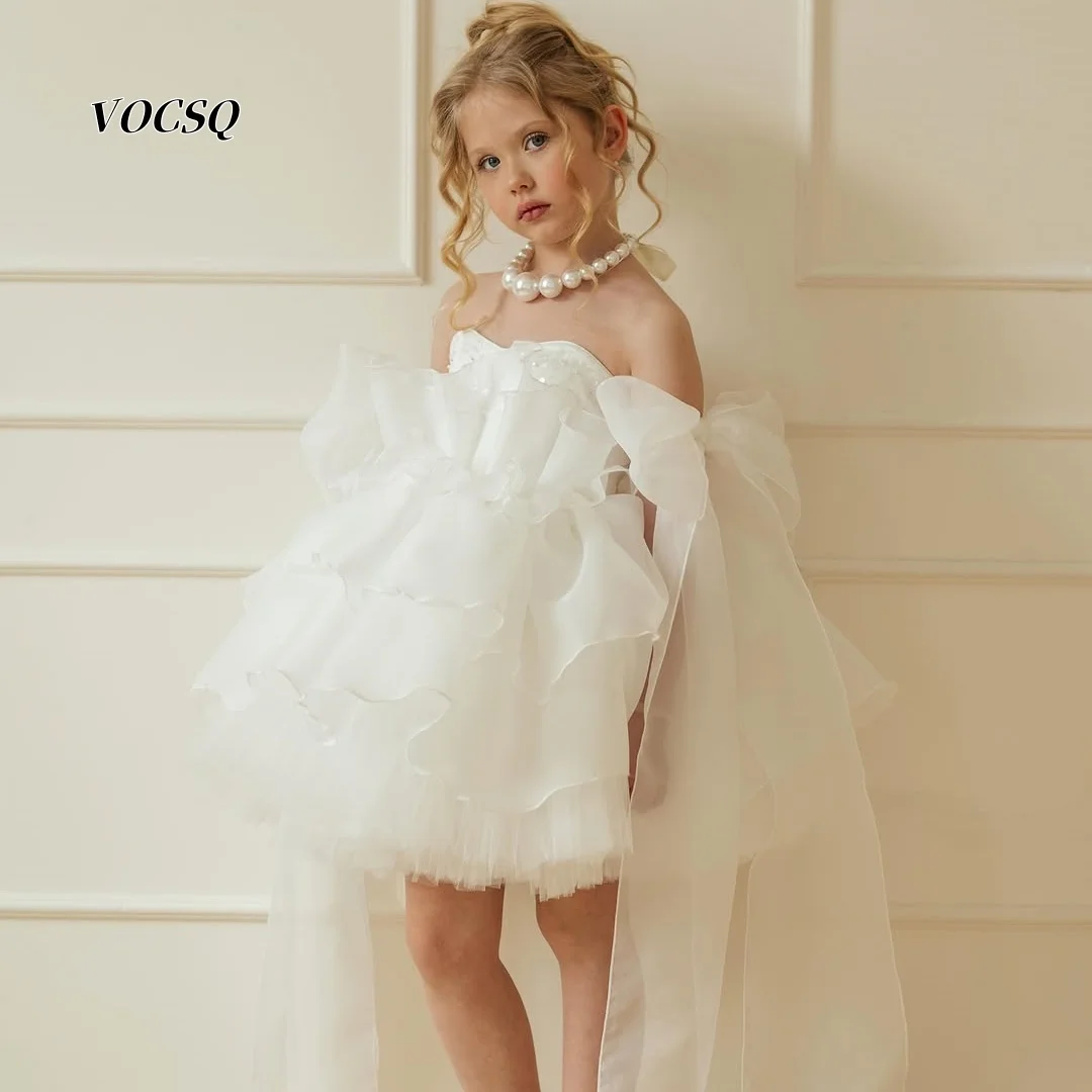 Flower Girl Dress White Off Shoulder Dress Puffy Short Gown with Bow for Wedding Birthday Party Stage Performance Customized