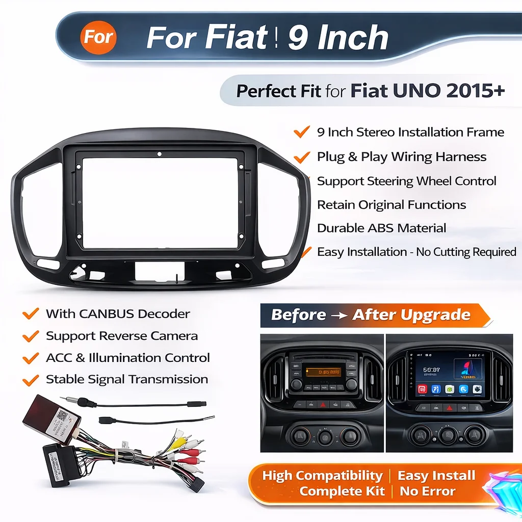 Radio MP5 para Auto con Sistema Android, Arnés Estéreo, Pantallas, Accesorios, Navegación, Cables para el Tablero, Marco, Canbus, para FIAT UNO 2015 LHD 9 Pulgadas