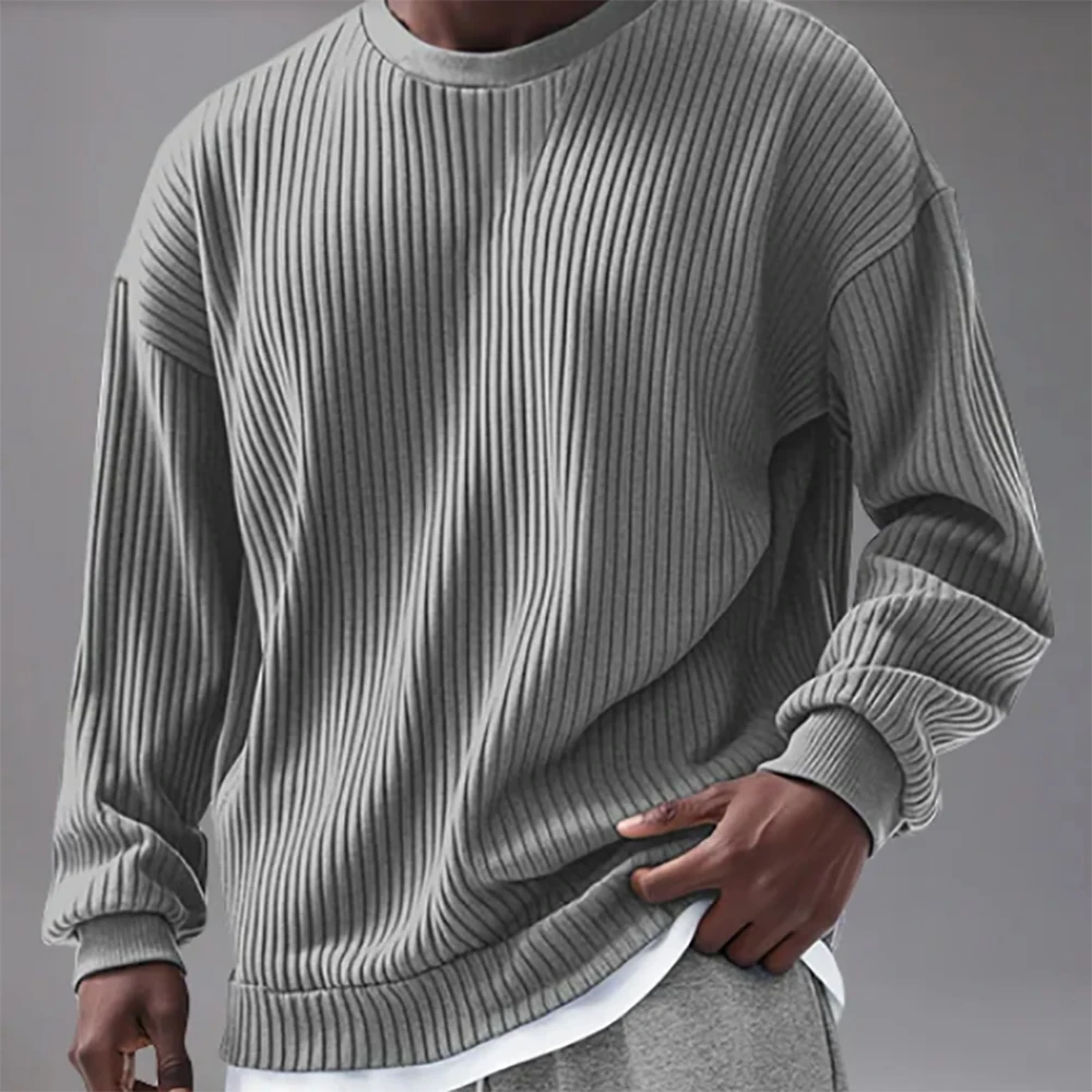 American Style Pleated Stripes Men's Fake Two Piece Tops Sweatshirt Crew Neck Long Sleeve Loose Autumn Streetwear Basic Pullover