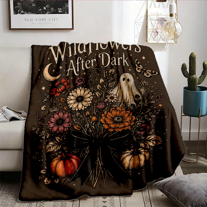 Wildflowers After Dark Comfy Blanket,  Halloween Flannel Blanket, Dark Floral Ghost Flannel Throw, Spooky