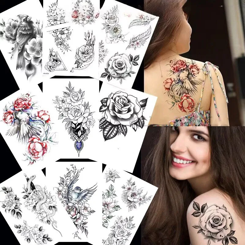 New Flower Sketch Tattoo Sticker Black and White Half Arm Tattoo Sticker Waterproof Bird Flowers Colorful