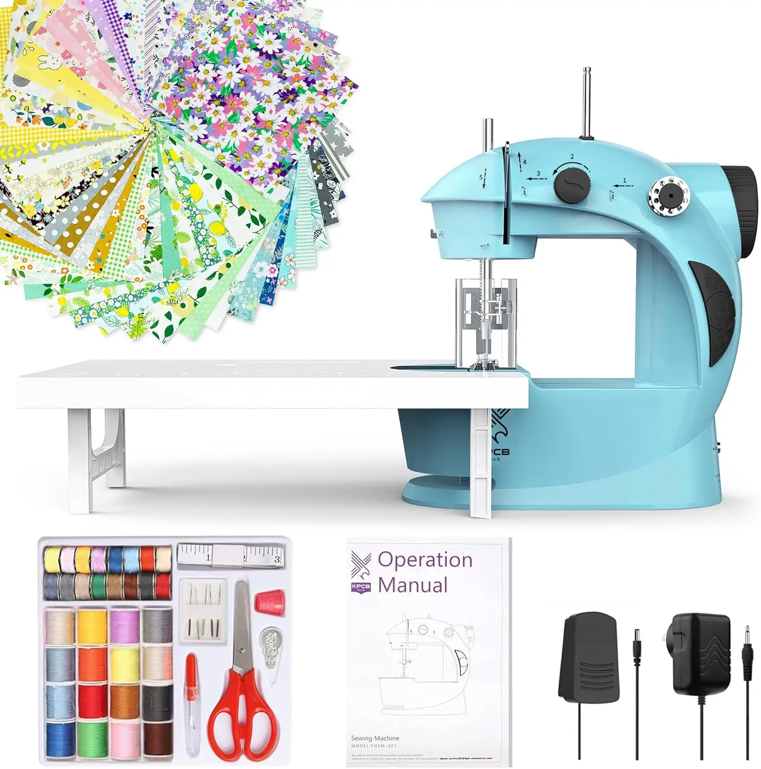 

Beginner's Full Set Mini Electric Sewing Machine with Finger Guard, Fabric Bundles, Foot Pedal & Extension Table