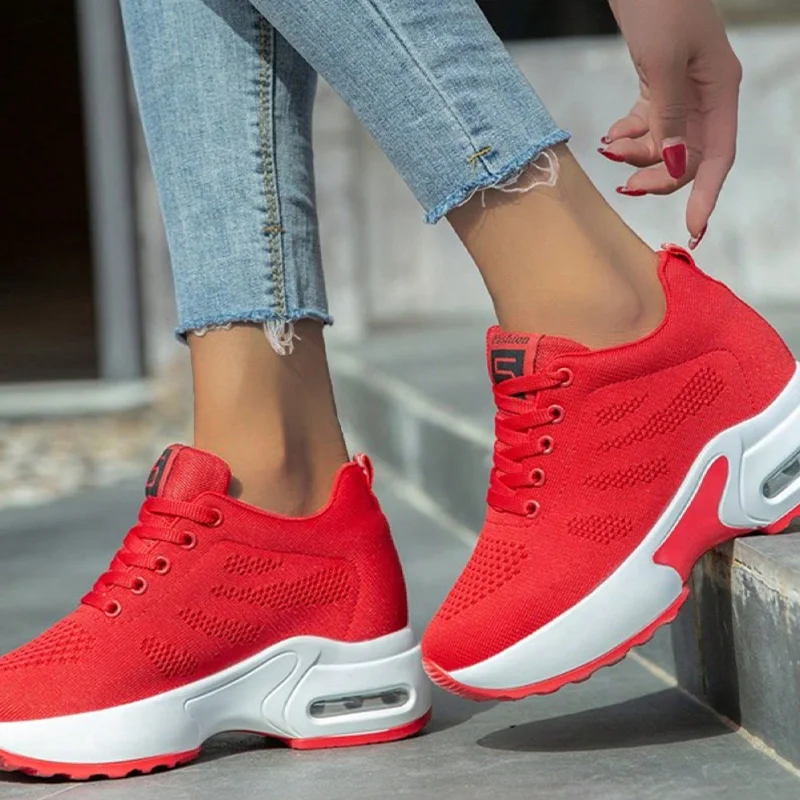 2024 Women Sport Shoes Air Cushion Sneakers Air Mesh Runing Trainning Red Shoes Non Slip Lace Up Shoes