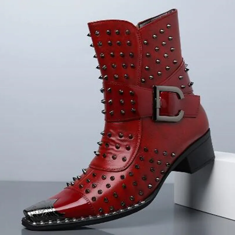New Men Pointed Toe Dark Punk Ankle Boots Studded Chunky Block Heel Side Zipper Plus Size 48 High Top Boots Western Cowboy Boot