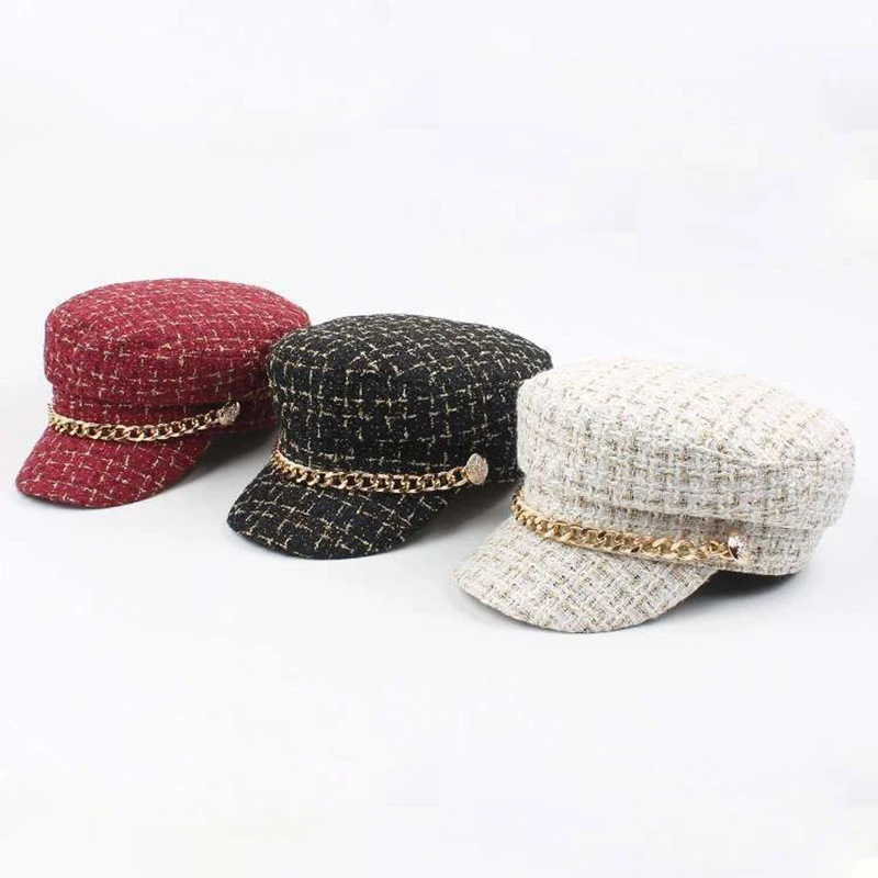 Women Vintage Tweed Newsboy Cap Metal Chain Decor Beret Hat Autumn Winter Fashion Plaid Cabbie Hat Ladies Casual Flat Peaked Cap