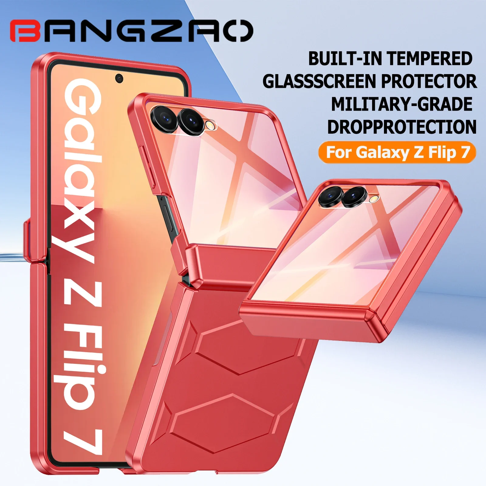 

Защитный чехол для телефона Galaxy Z Flip 7, нескользящая текстура, закаленная защита шарниров, беспроводная зарядка, противоударный чехол-розово-красный