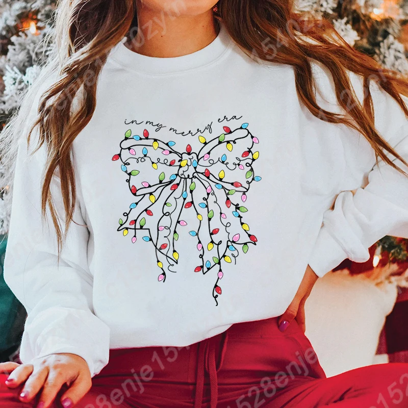 Christmas Light Bow In My Merry Era Print Pullovers Women Round Neck Pullovers Creative Solid Color Casual Hoodeless Sweatshirts