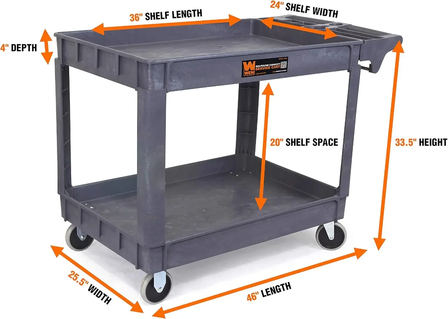 500-Pound Capacity Extra Wide Service Utility Cart Easy-to-clean Surface 5-inch Non-marring Casters